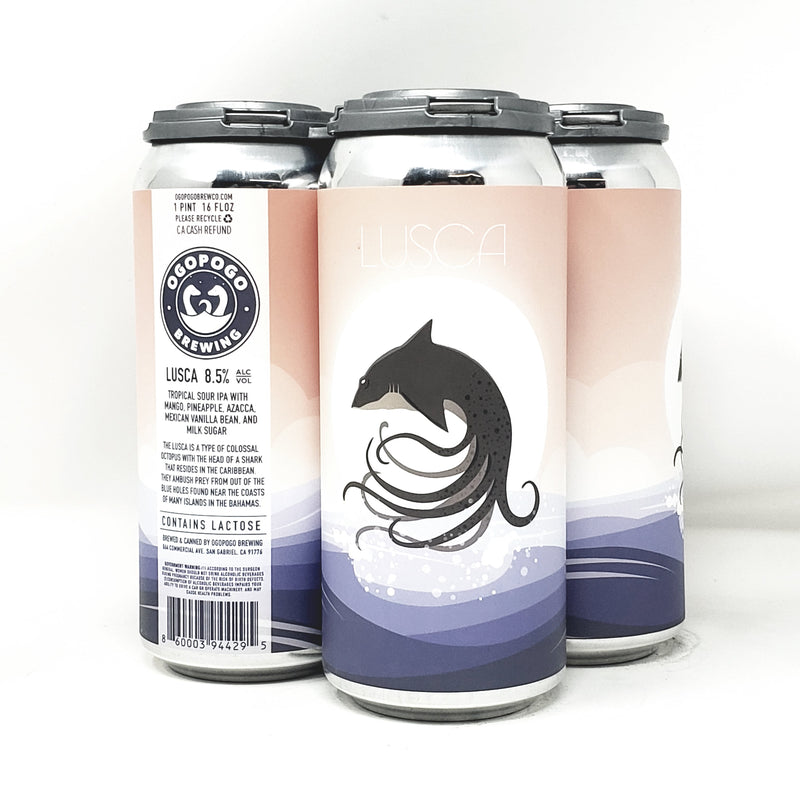 OGOPOGO,LUSCA TROPICAL SOUR IPA WITH MANGO,PINEPPLE,AZACCA,MEXICAN VANILLABEAN,AND MILK SUGAR 16oz CANS