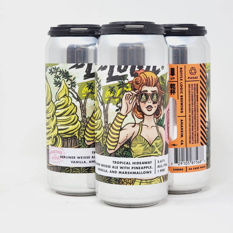BOTTLE LOGIC, TROPICSL HIDEAWAY, BERLINER WEISSE ALE WITH PINEAPPLE,VANILLA,ANDMARSHMALLOWS, 16OZ CANS "LIMIT 1 CAN PER ORDER"