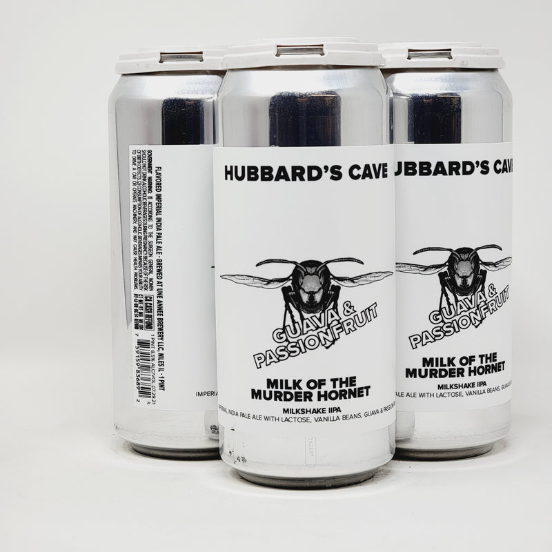 HUBBARD'S CAVE. GUAVA & PASSIONFRUIT. MILK OF THE MURDER HORNET. MILKSHAKE IIPA. 16oz CAN