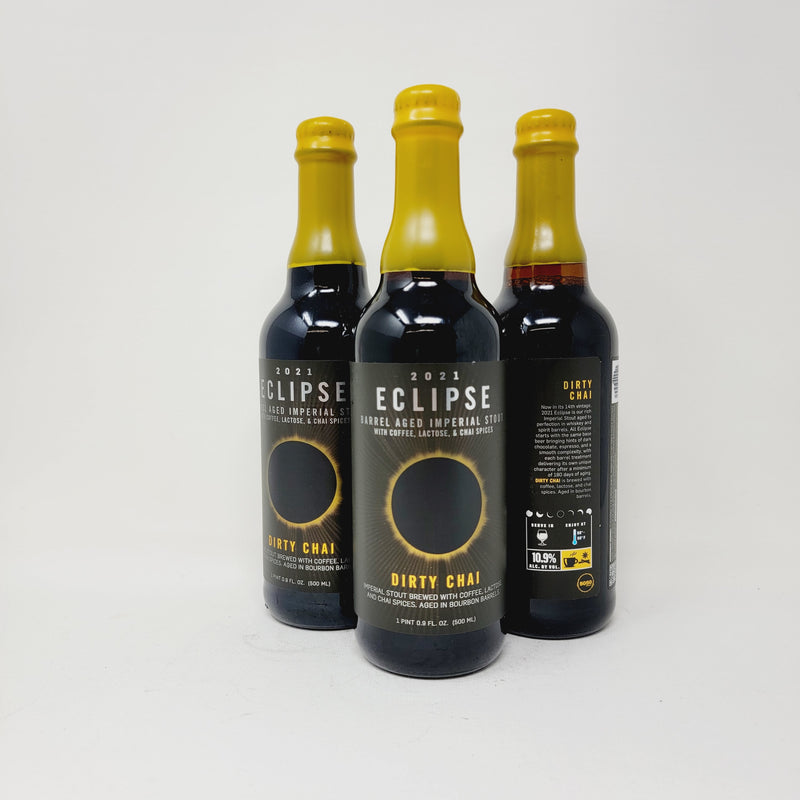 ECLIPSE DIRTY CHAI 2021 IMPERIAL STOUT BREWED WITH COFFEE, LACTOSE, AND CHAI SPICES. AGED IN BOURBON BARRELS. 500ml BOTTLE "LIMIT 1 BOTTLE PER ORDER"