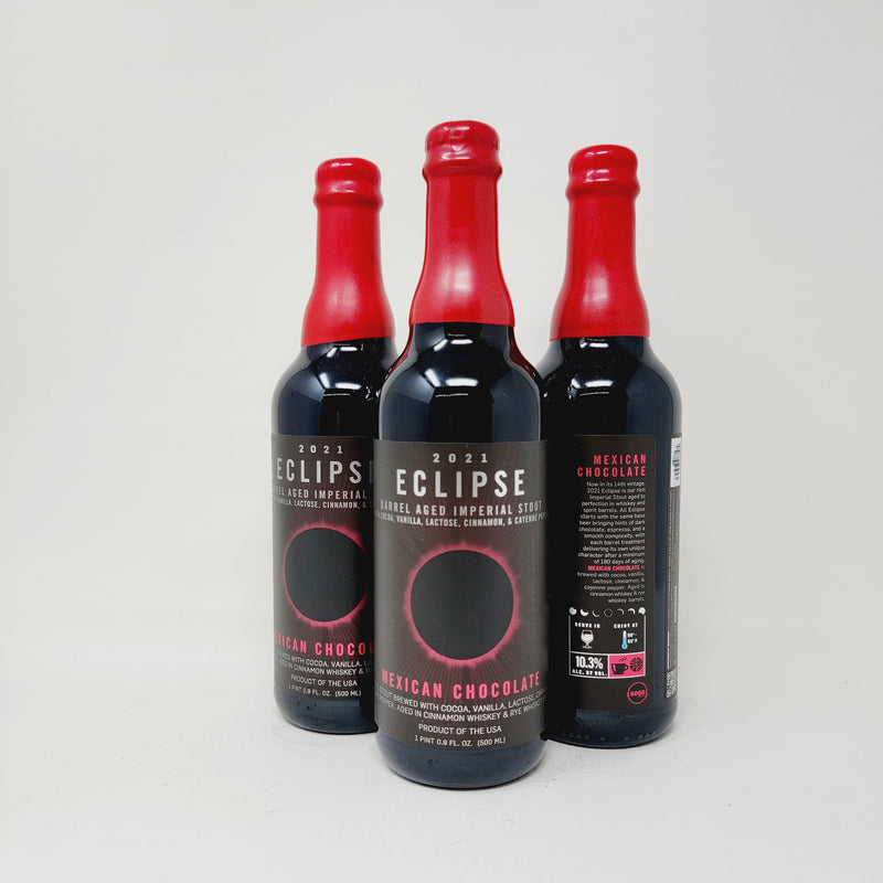 ECLIPSE MEXICAN CHOCOLATE 2021 IMPERIAL STOUT BREWED WITH COCOA, VANILLA, LACTOSE, CINNAMON, & CAYENNE PEPPER. AGED IN CINNAMON WHISKEY & RYE WHISKEY BARRELS. 500ml BOTTLE "LIMIT 1 PER ORDER"